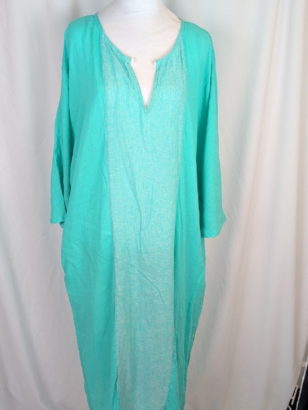 SIGRID OLSEN Linen Blend Turquoise Maxi Caftan Dress with Pockets Size OS POCKET